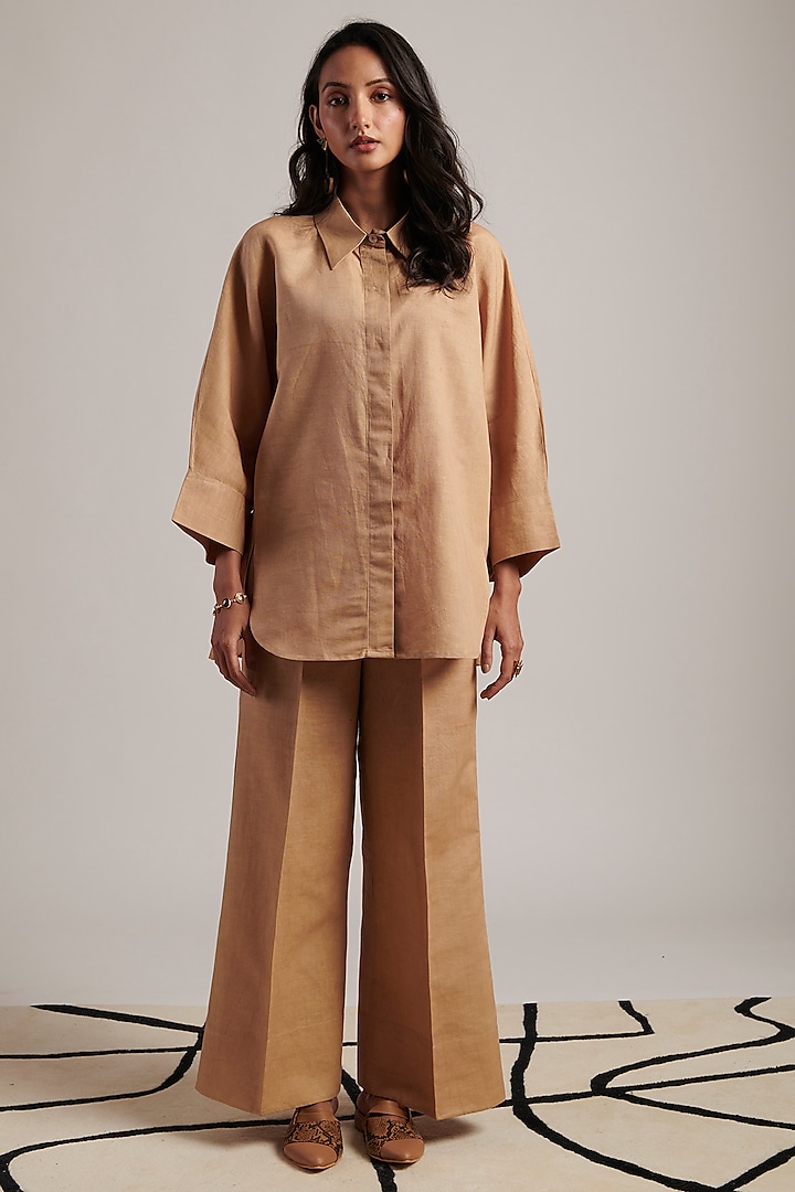 Beige Pure Linen Shirt by MOH India at Pernia's Pop Up Shop