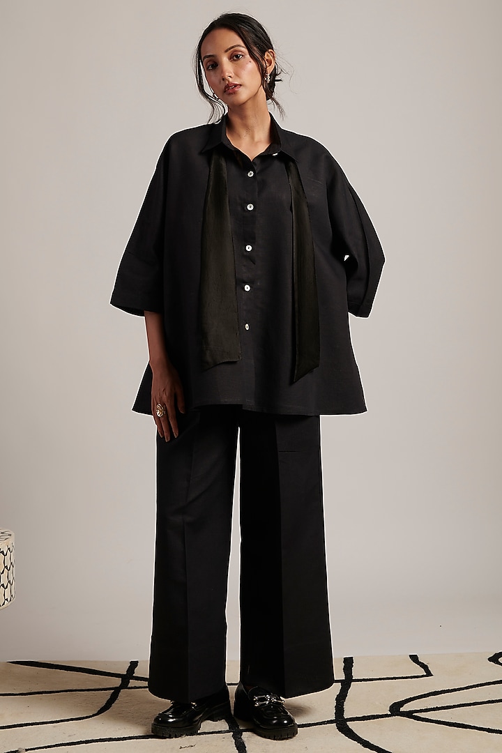 Black Pure Linen Bow Shirt by MOH India at Pernia's Pop Up Shop