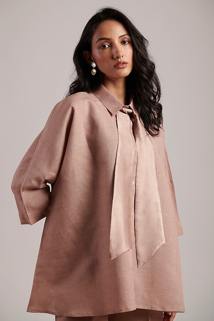 Rose Pink Pure Linen Bow Shirt by MOH India at Pernia's Pop Up Shop