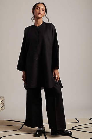 Black Pure Linen Tunic by MOH India