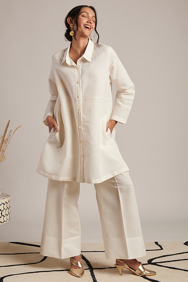 Off-White Pink Pure Linen Shirt Tunic by MOH India at Pernia's Pop Up Shop