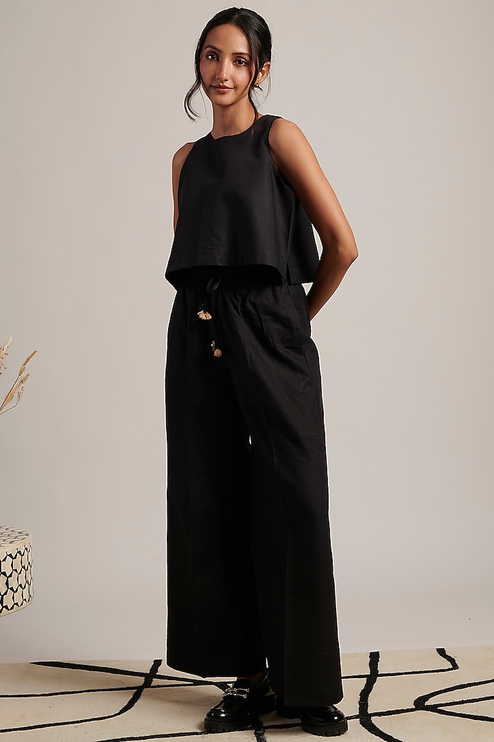 Black Pure Linen Co-Ord Set by MOH India at Pernia's Pop Up Shop