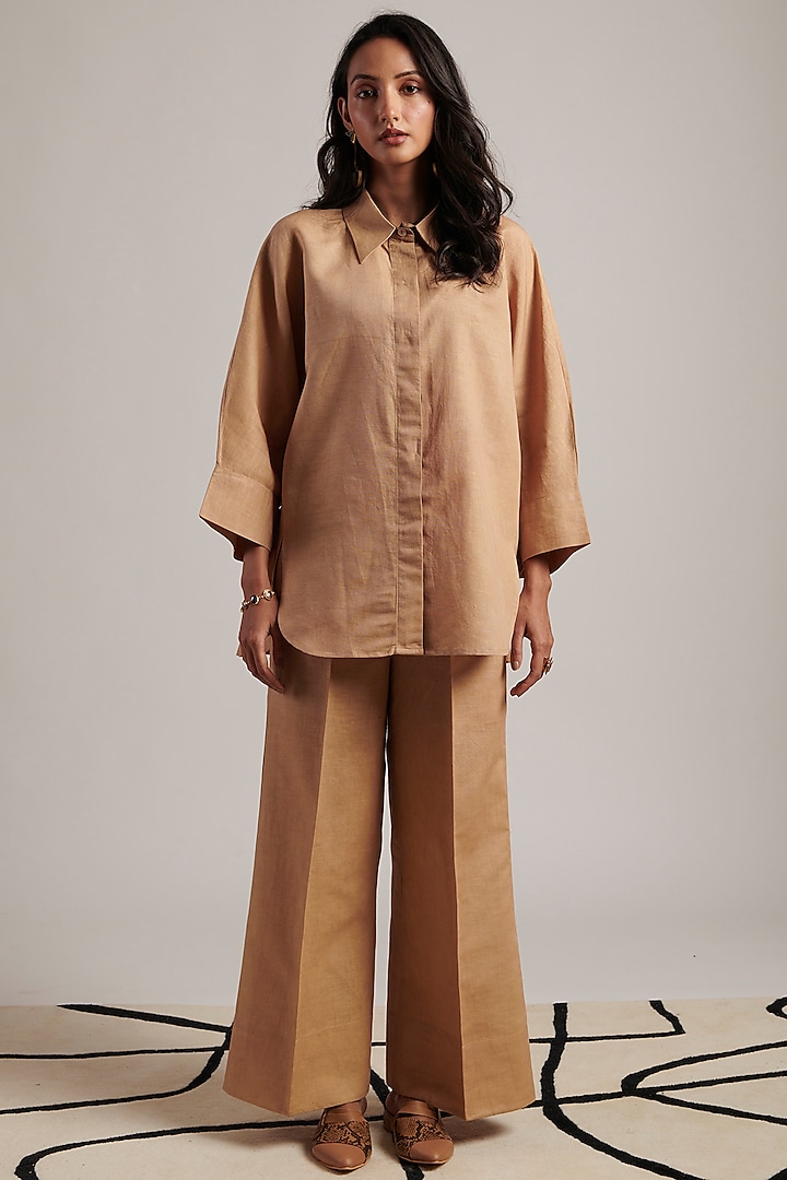 Beige Pure Linen Co-Ord Set by MOH India at Pernia's Pop Up Shop