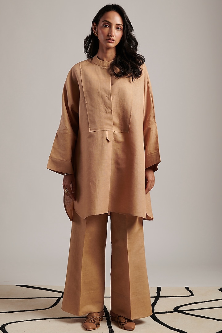 Beige Pure Linen Tunic Set by MOH India at Pernia's Pop Up Shop