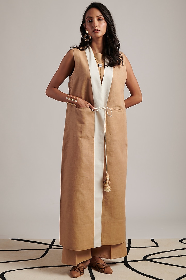 Beige Pure Linen Co-Ord Set by MOH India at Pernia's Pop Up Shop