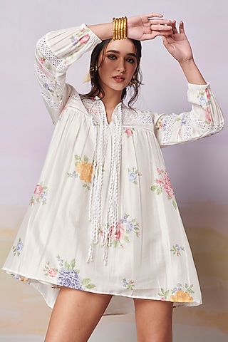 Multi-Colored Chanderi Silk & Pure Cotton Pearl Mini Dress by MOH India