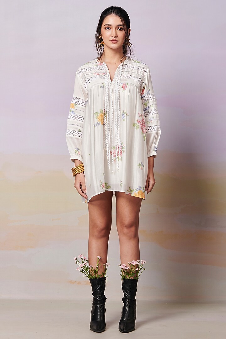 Multi-Colored Chanderi Silk & Pure Cotton Pearl Mini Summer Dress by MOH India at Pernia's Pop Up Shop