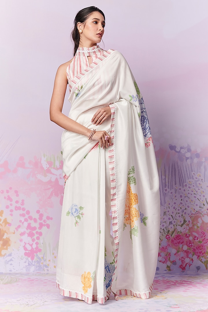 Multi-Colored Pure Chanderi Silk Printed Saree Set by MOH India at Pernia's Pop Up Shop