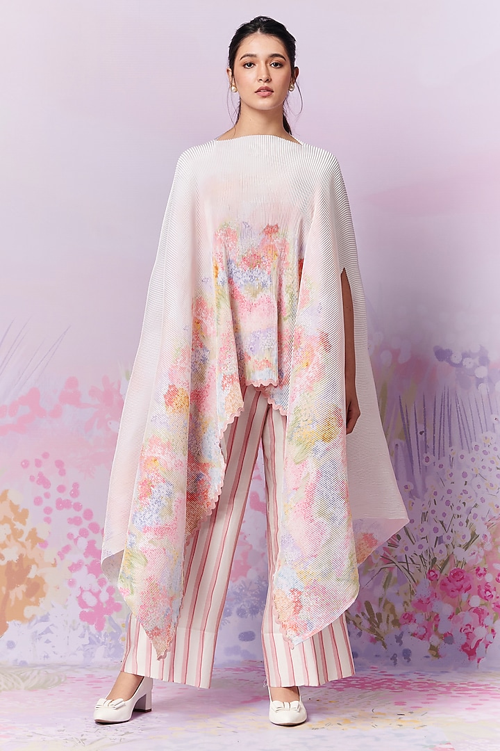 Multi-Colored Poly Satin Printed Pleated Cape by MOH India at Pernia's Pop Up Shop