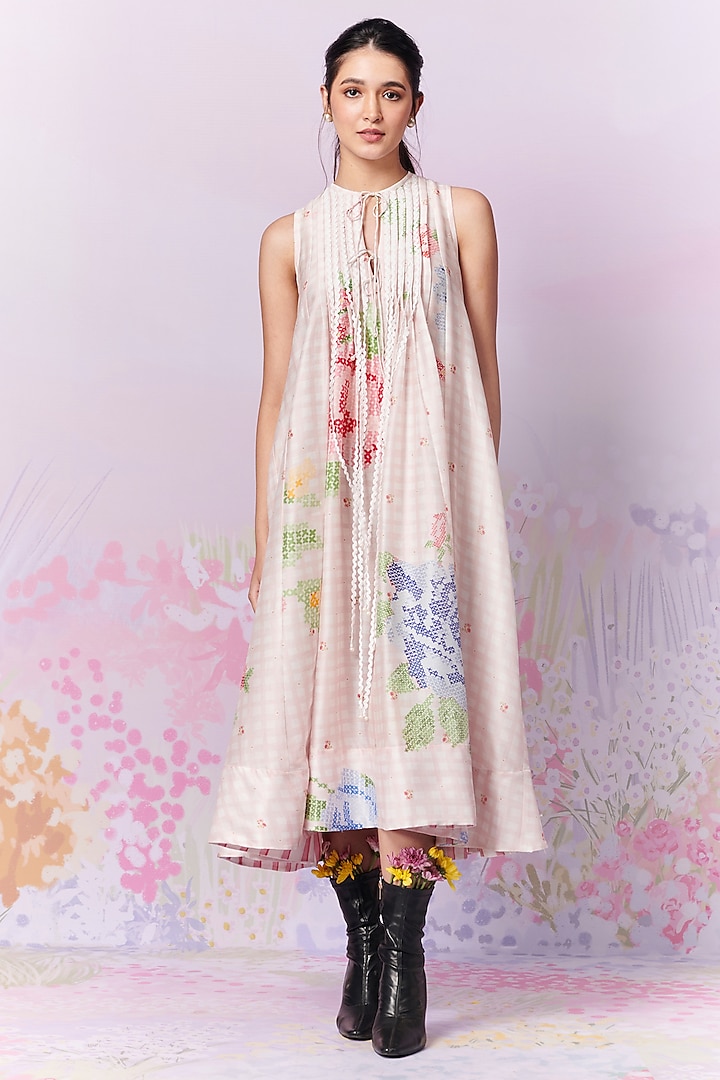 Multi-Colored Pure Chanderi Silk Cross-Stitch Dress by MOH India at Pernia's Pop Up Shop