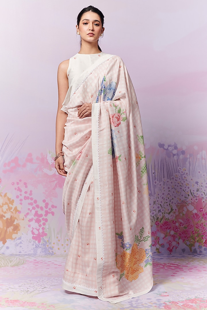 Multi-Colored Pure Chanderi Silk Printed Saree Set by MOH India at Pernia's Pop Up Shop