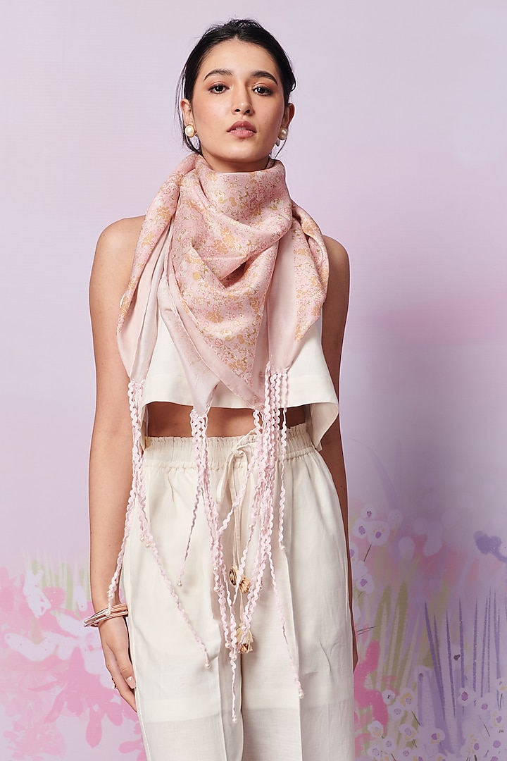 Multi-Colored Pure Chanderi Silk Ditsy Printed Scarf by MOH India at Pernia's Pop Up Shop