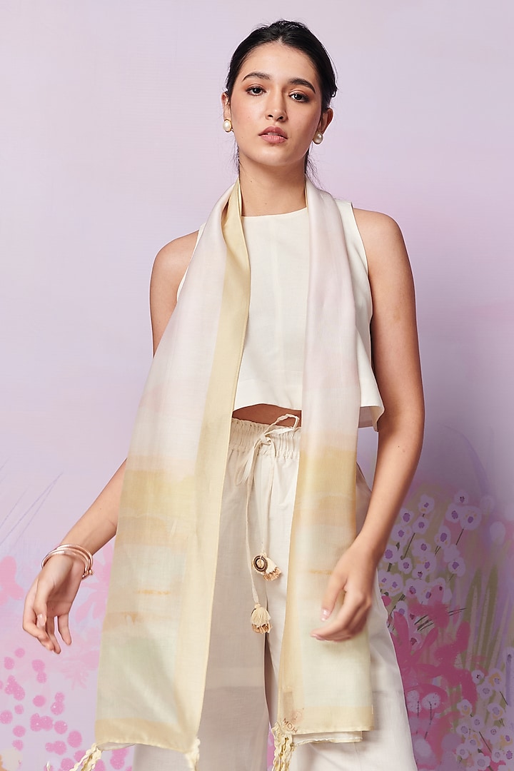 Multi-Colored Pure Chanderi Silk Landscape Printed Stole by MOH India at Pernia's Pop Up Shop