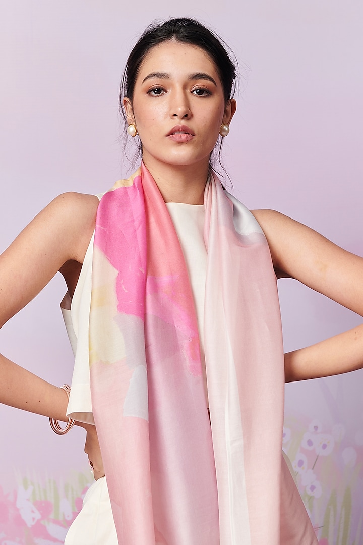 Multi-Colored Pure Chanderi Silk Tulip Printed Stole by MOH India at Pernia's Pop Up Shop