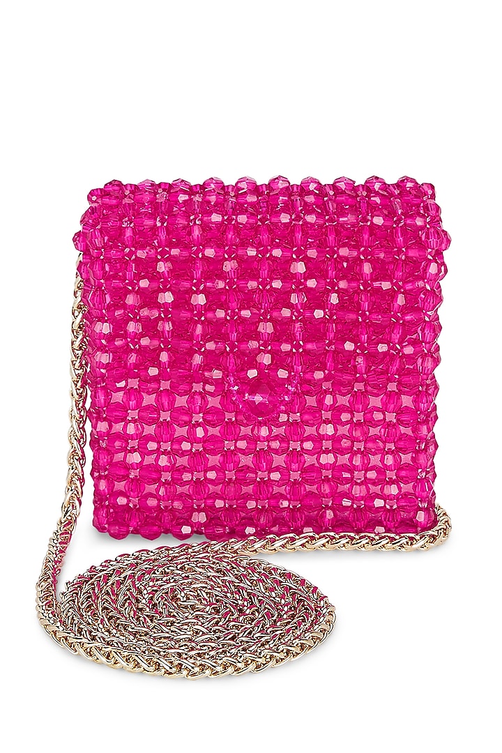 Fuchsia Pink Beaded Hand Woven Sling Bag by Moihno Accessories