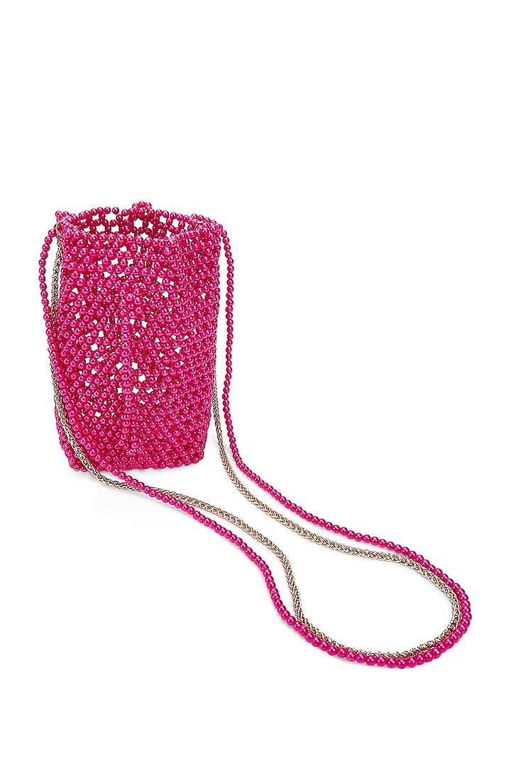 Fuchsia Pink Beaded Handcrafted Bucket Sling Bag by Moihno Accessories
