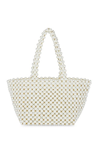 Off-White Beaded Hand Woven Mini Bucket Bag by Moihno Accessories