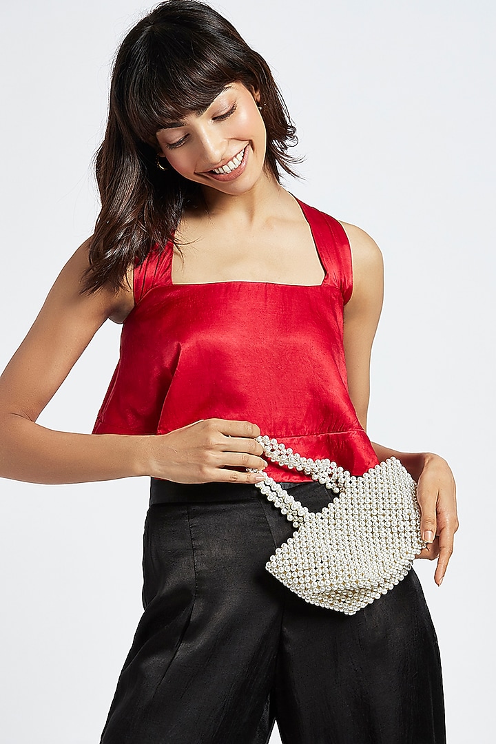 Off-White Beaded Hand Woven Mini Bucket Bag by Moihno Accessories at Pernia's Pop Up Shop