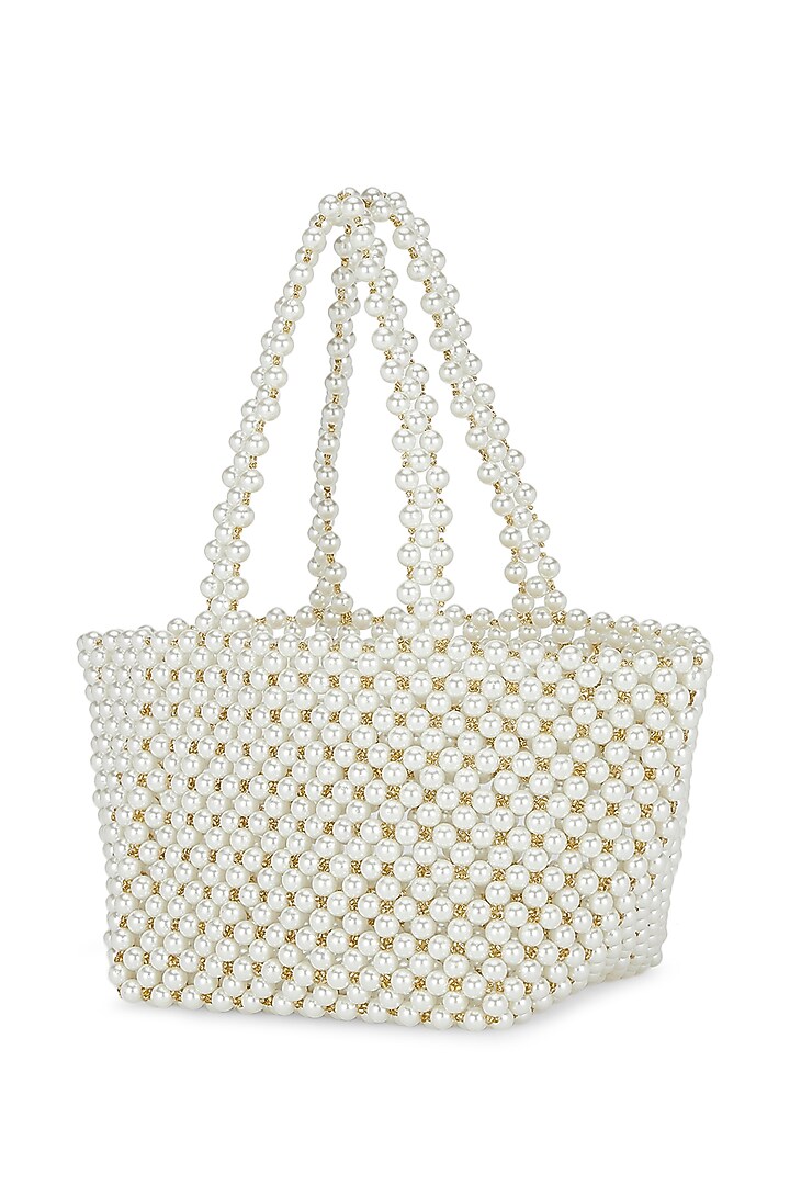 Off-White Beaded Hand Woven Mini Bucket Bag by Moihno Accessories at Pernia's Pop Up Shop