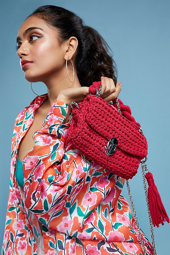 Red Tshirt Yarn Handbag by Moihno Accessories at Pernia's Pop Up Shop