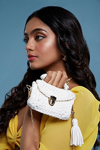 White T Shirt Yarn Handbag by Moihno Accessories