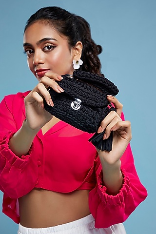 Black Tshirt Yarn Handbag by Moihno Accessories