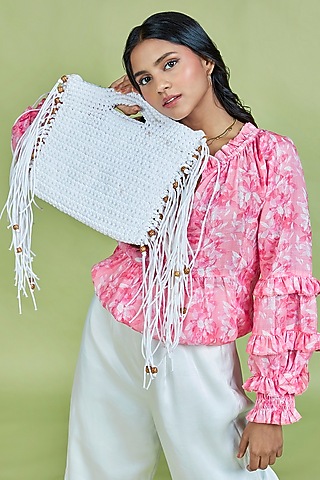 White Recycled Cotton Handwoven Handbag by Moihno Accessories