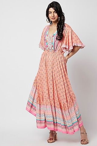 Orange Rayon Printed Maxi Dress by Moihno