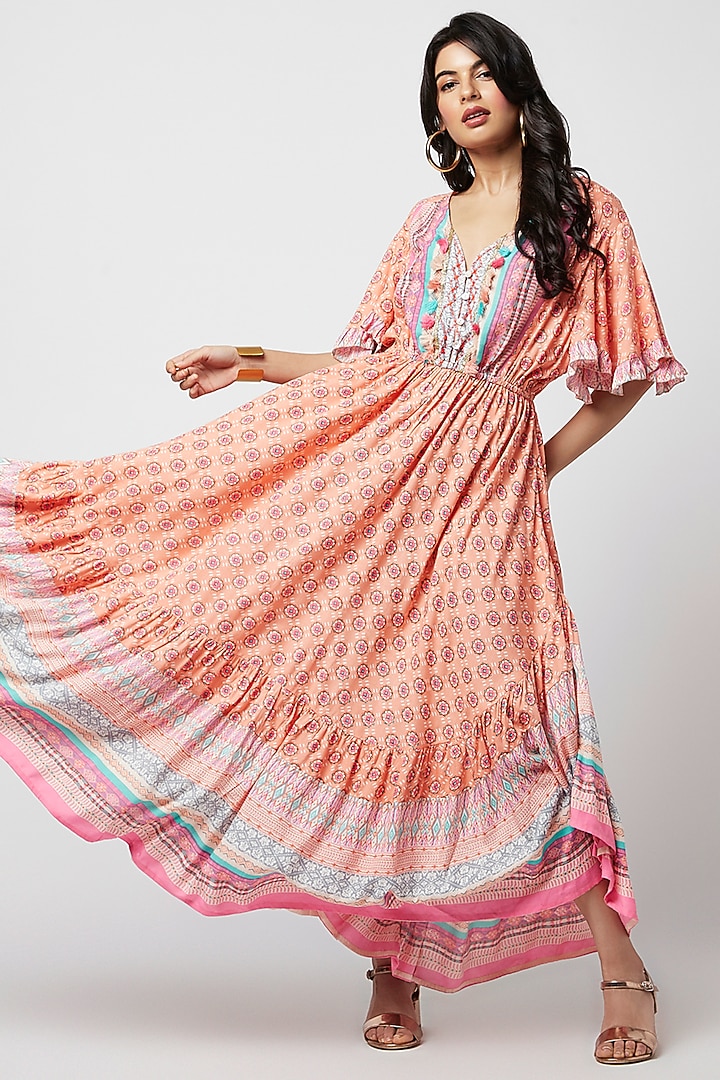 Orange Rayon Printed Maxi Summer Dress by Moihno at Pernia's Pop Up Shop