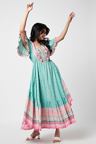 Turquoise Rayon Printed Maxi Dress by Moihno