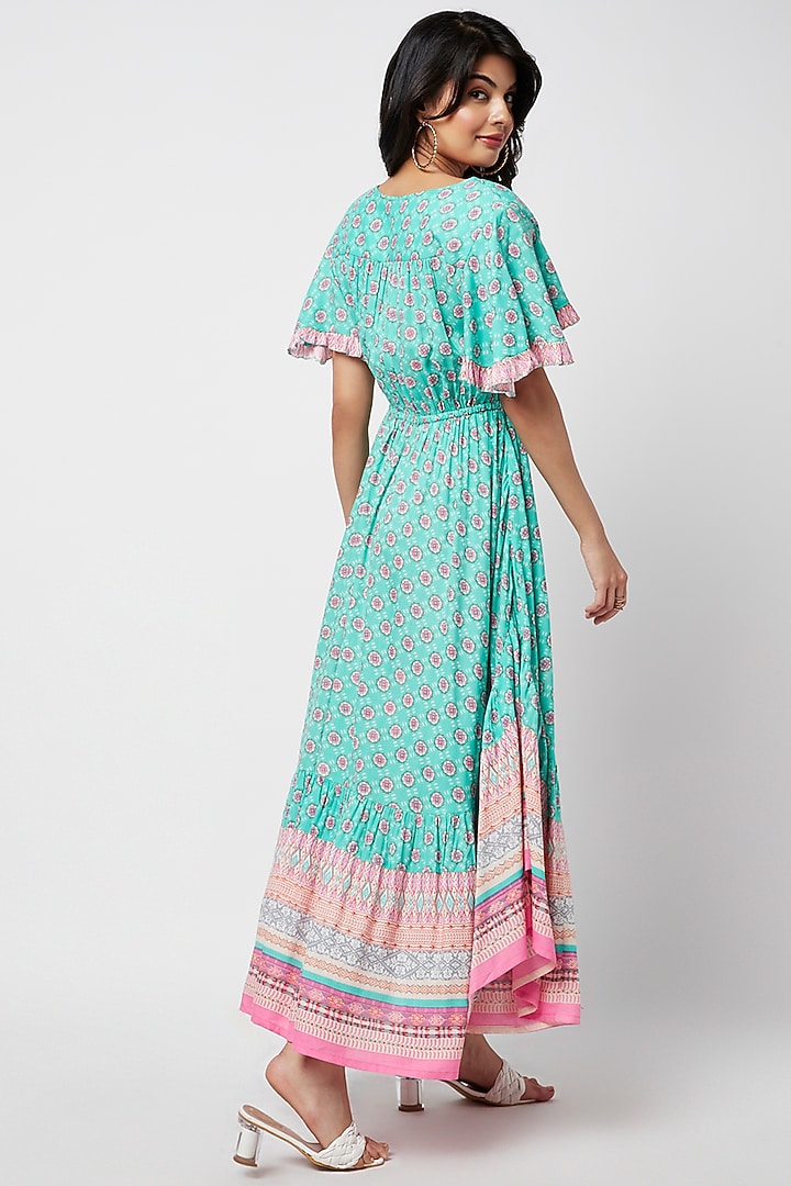Turquoise Rayon Printed Maxi Summer Dress by Moihno at Pernia's Pop Up Shop