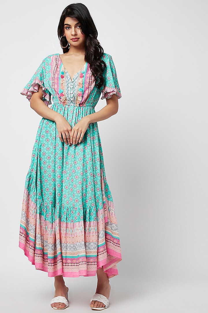 Turquoise Rayon Printed Maxi Summer Dress by Moihno at Pernia's Pop Up Shop