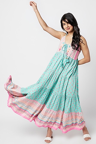 Turquoise Rayon Printed Maxi Dress by Moihno