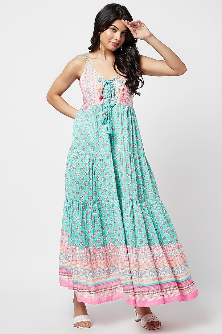 Turquoise Rayon Printed Maxi Summer Dress by Moihno at Pernia's Pop Up Shop