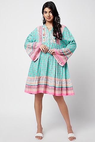 Turquoise Rayon Printed Mini Tunic Dress by Moihno