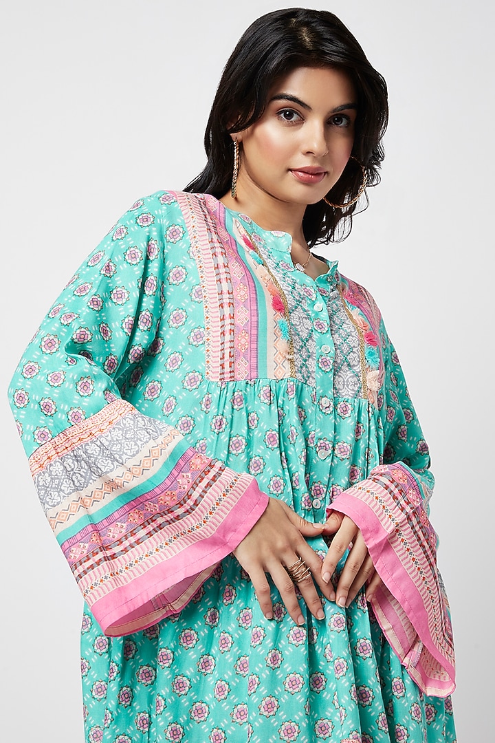 Turquoise Rayon Printed Mini Tunic Summer Dress by Moihno at Pernia's Pop Up Shop