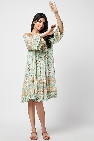 Green Cotton Printed Mini Dress by Moihno
