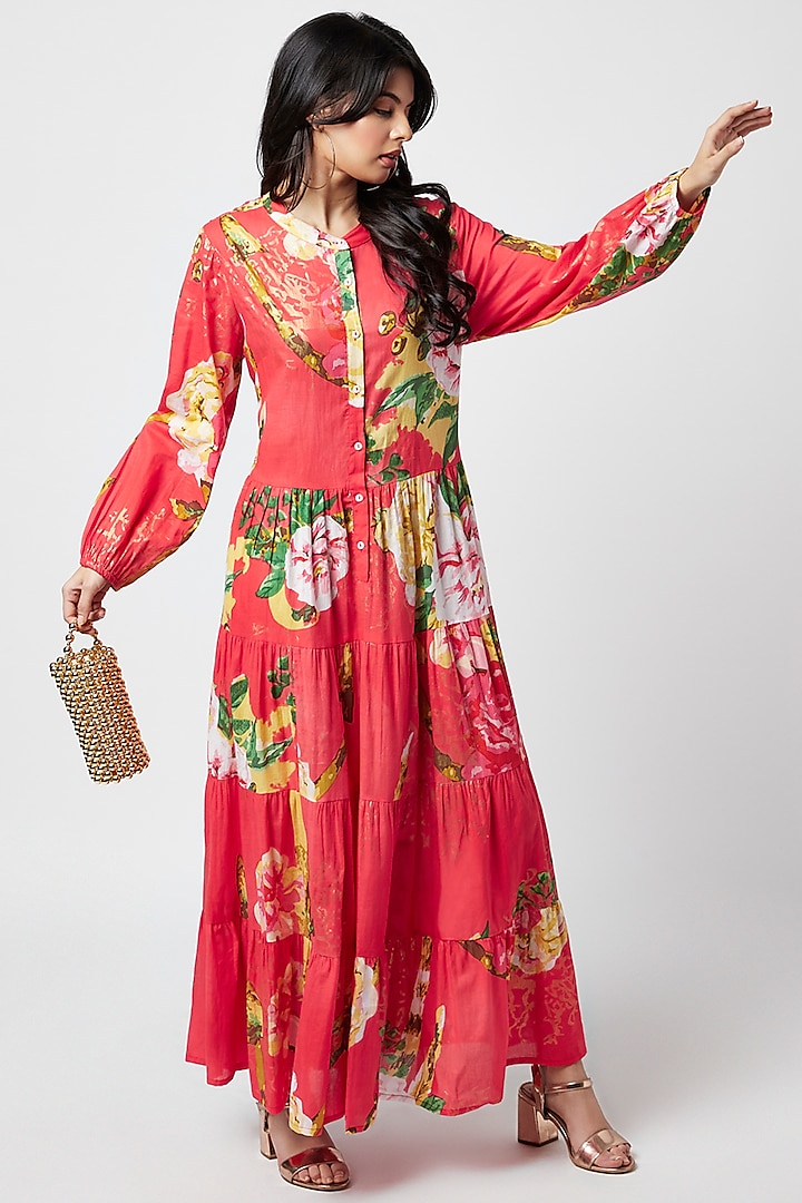Red Cotton Printed Maxi Dress by Moihno