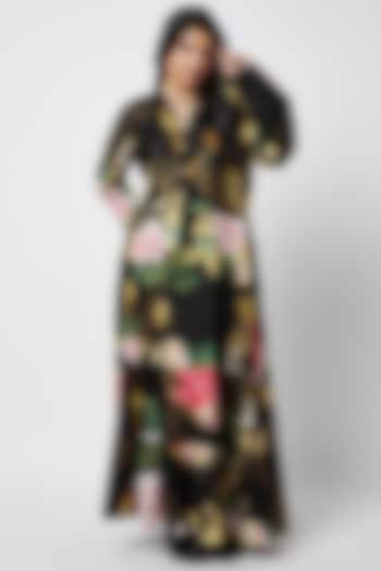Black Rayon Printed Maxi Dress by Moihno