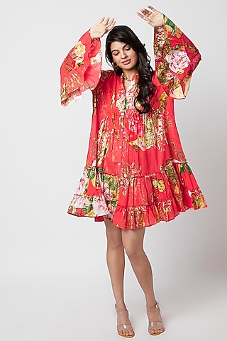 Red Cotton Printed Maxi Tiered Dress by Moihno
