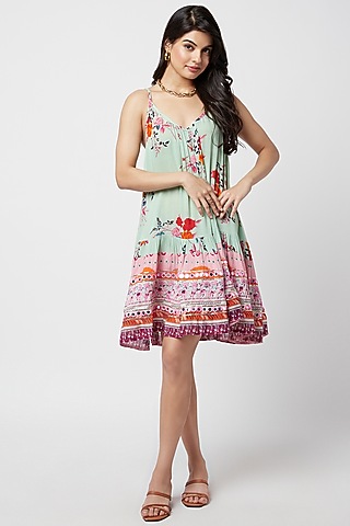Green Rayon Printed Mini Dress by Moihno