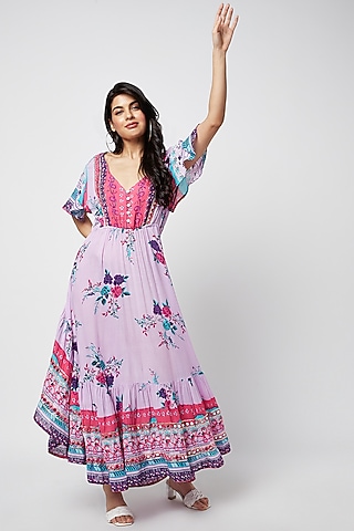 Purple Rayon Printed Maxi Dress by Moihno