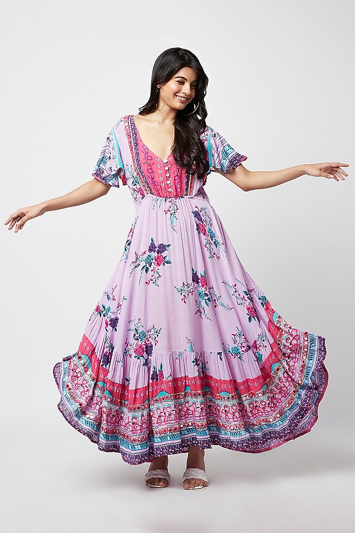 Purple Rayon Printed Maxi Summer Dress by Moihno at Pernia's Pop Up Shop
