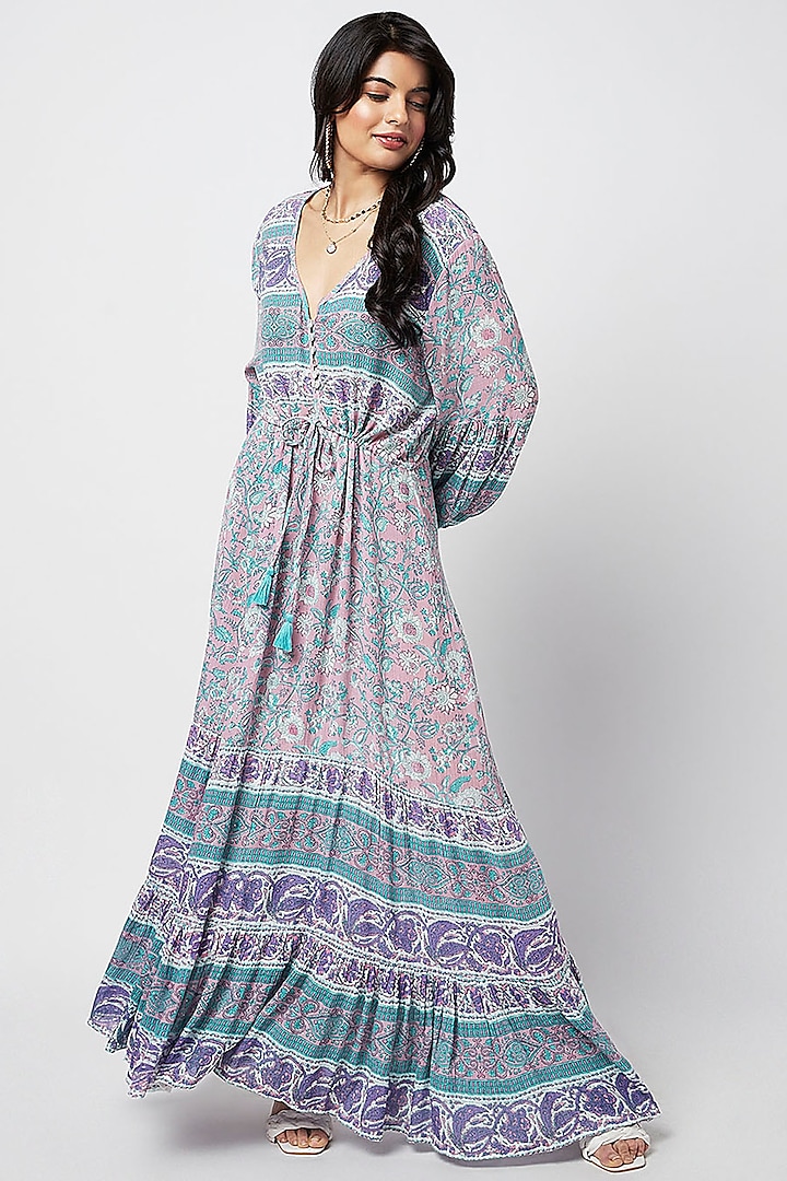 Purple Rayon Printed Maxi Dress by Moihno