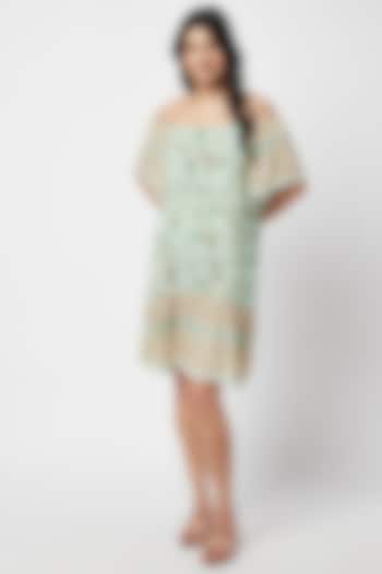 Green Cotton Printed Mini Dress by Moihno