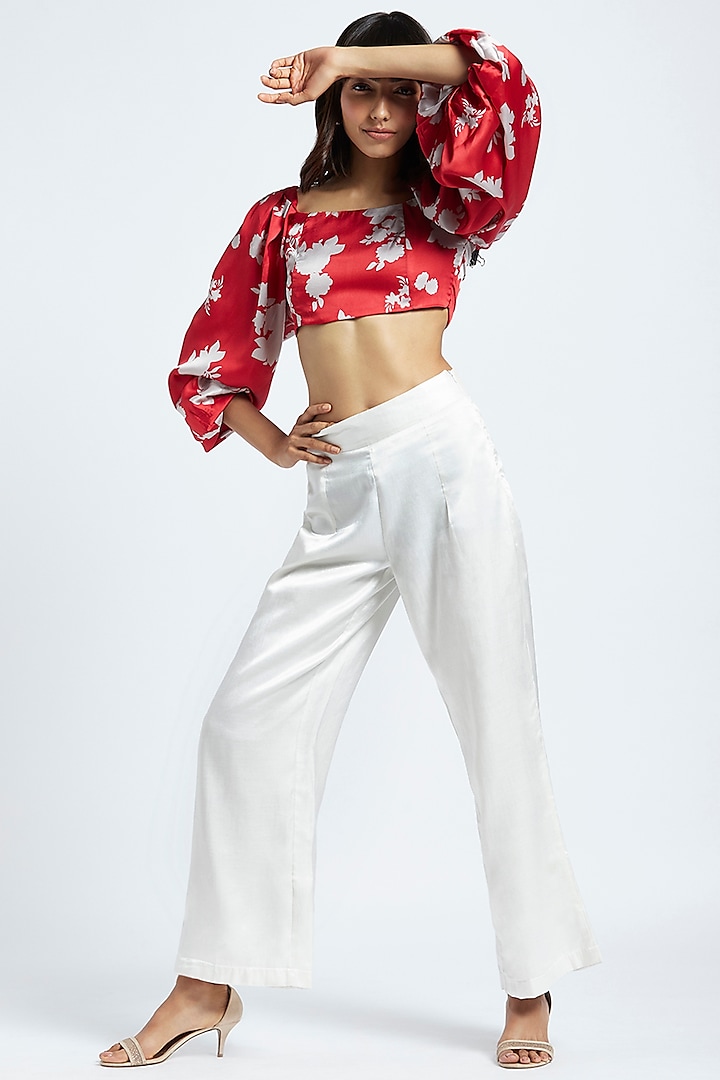 Red Japanese Satin Printed Crop Top by Moihno