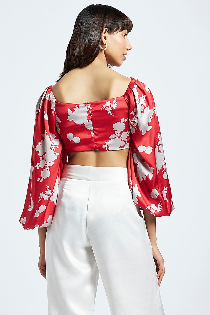 Red Japanese Satin Printed Crop Top by Moihno at Pernia's Pop Up Shop