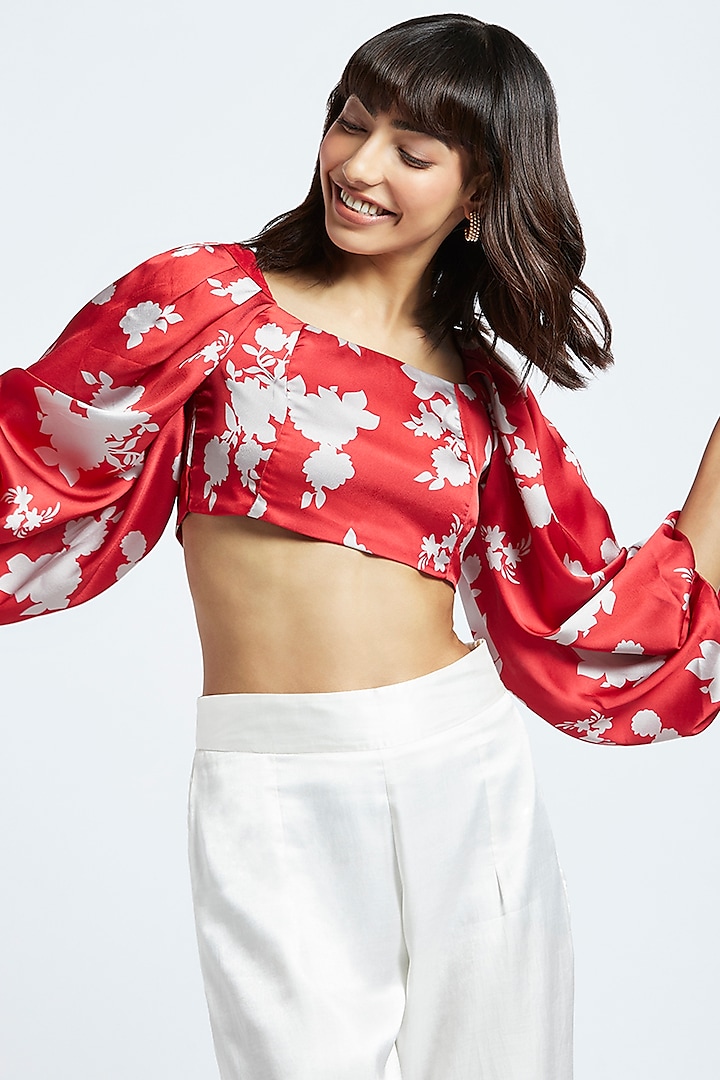 Red Japanese Satin Printed Crop Top by Moihno at Pernia's Pop Up Shop