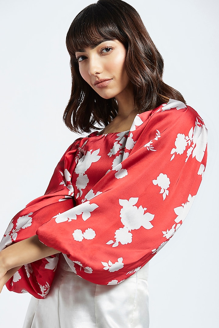 Red Japanese Satin Printed Crop Top by Moihno at Pernia's Pop Up Shop