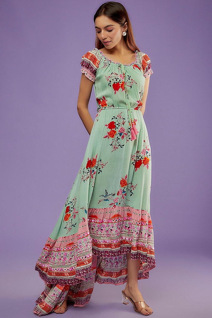 Multi-Colored Rayon Crepe Printed & Embroidered Maxi Dress by Moihno